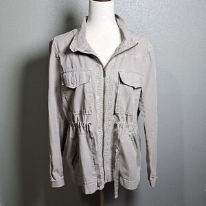 J Crew 100% Cotton Utility Cargo Jacket Tan color Pockets Size Large